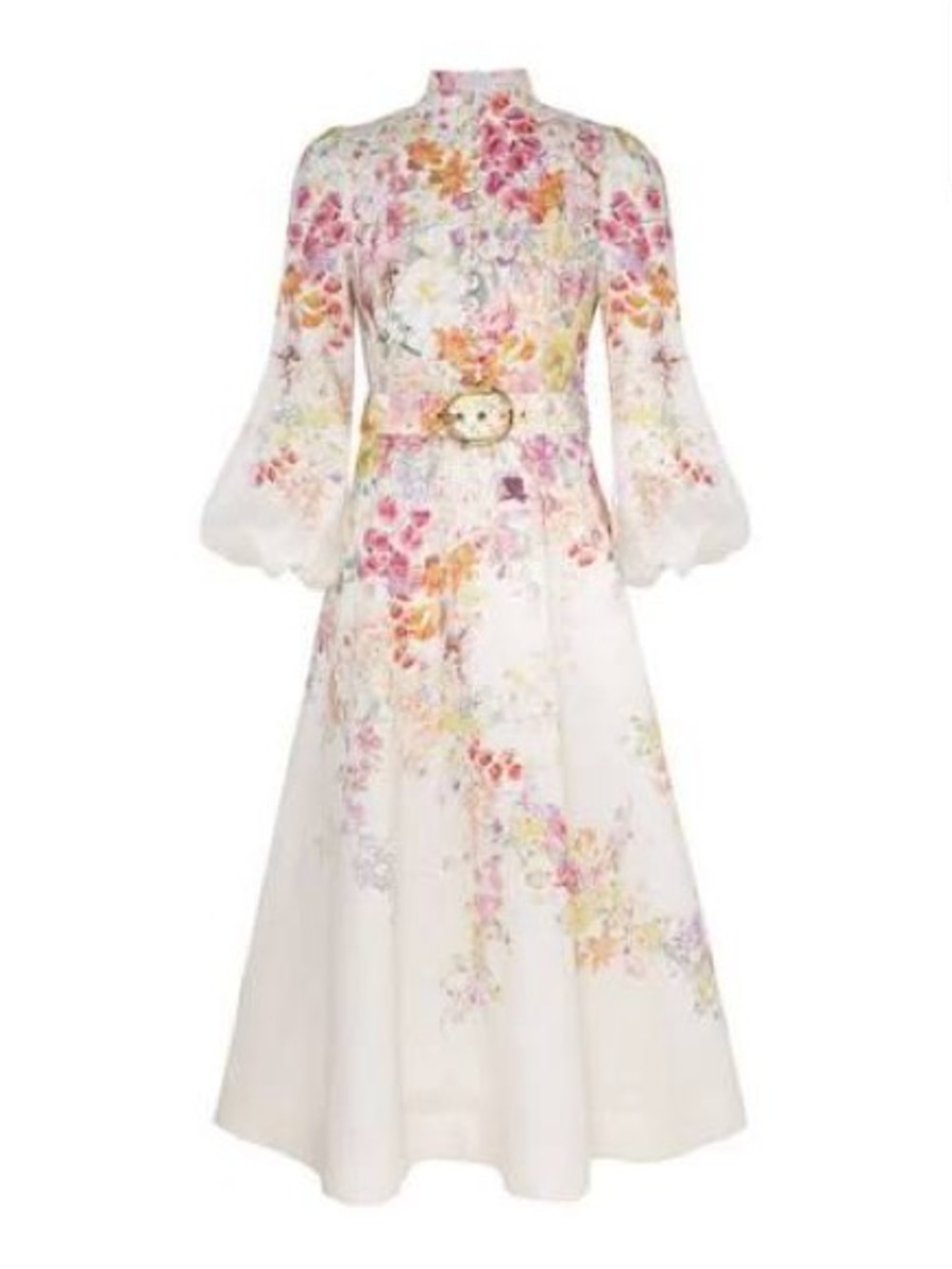 Floral High-Neck Midi Dress in White with Pastel Print